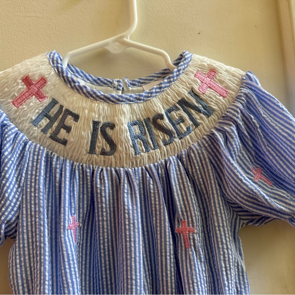 New Smocked He Is Risen Easter Bubble Romper - Picture 3 of 10